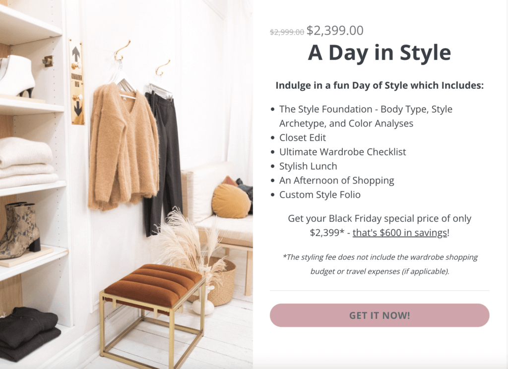 "A Day in Style" with Roxanne Carne | Personal Stylist. Includes Style Foundation, Closet Edit, Ultimate Wardrobe Checklist, Stylish Lunch, an Afternoon of Shopping, and Custom Style Folio. For $2,399!